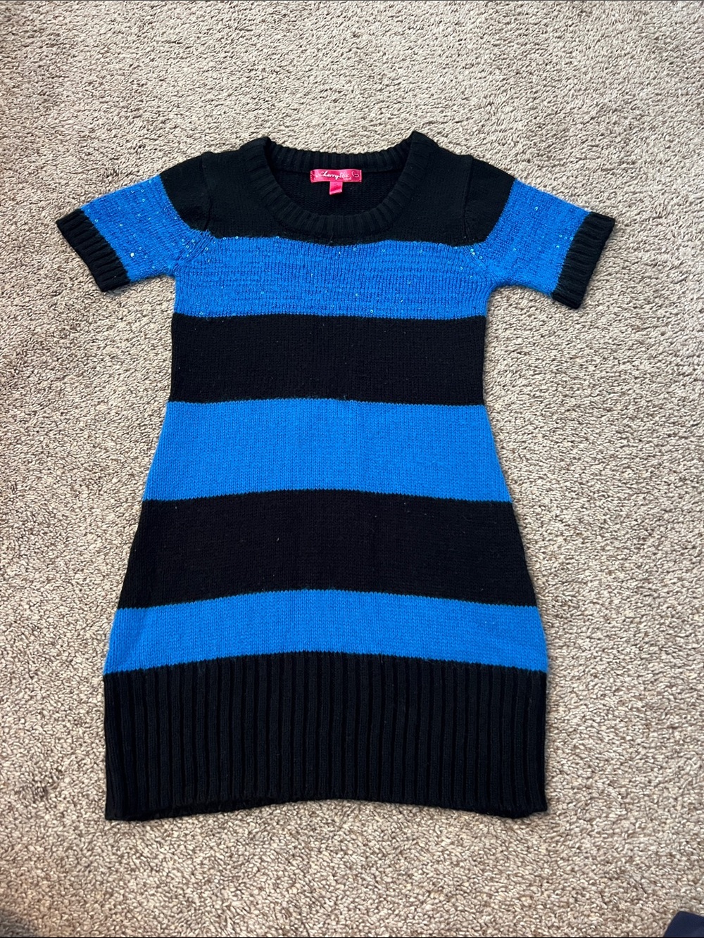 Girls' Short-Sleeve Knit Dress in Blue and Black Stripes